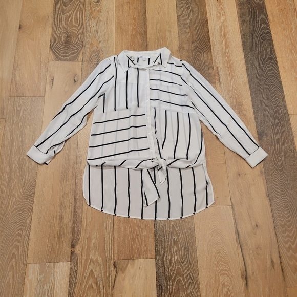 Daniel Rainn DR2 Striped Tie Front Blouse Long Sleeve Button Down Casual Top M - Picture 3 of 8